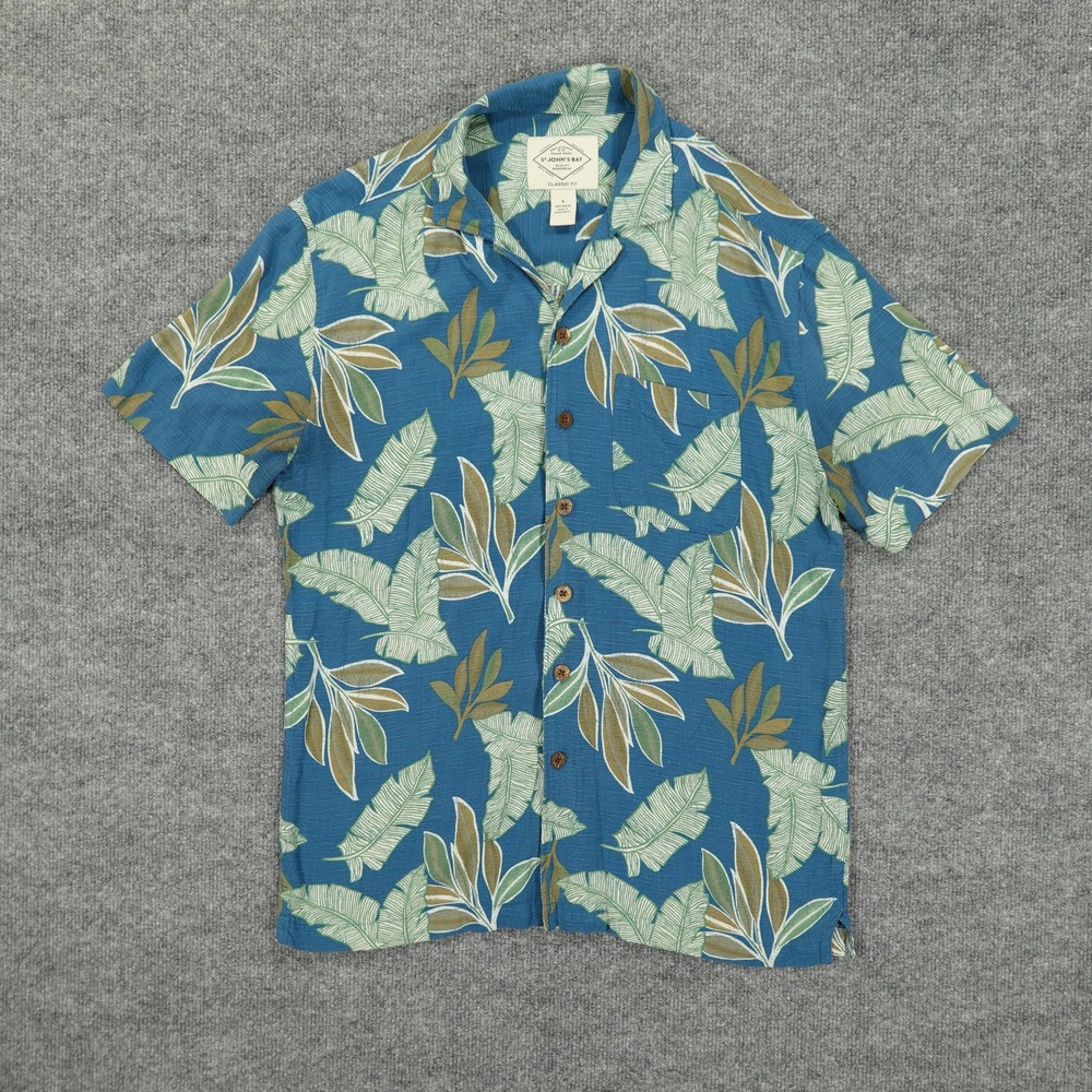 St. John's Bay Shirt Mens Small‎ Blue Tropical Leaf Rayon Hawaiian Button Front
